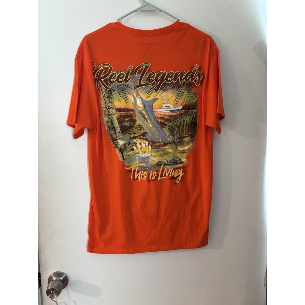 Reel Legends T-Shirt Medium Saltwater Fishing THIS IS LIVING Orange